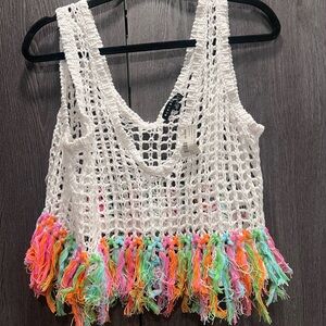 Blue Blush White Crochet Tank with Multicolor Fringe